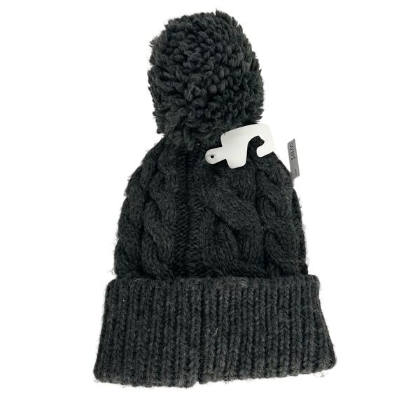 NWT Michael Kors Cable Kint Teddy Fleece Faux Fur Pom Pom Beanie Derby Grey NEW - Picture 2 of 6